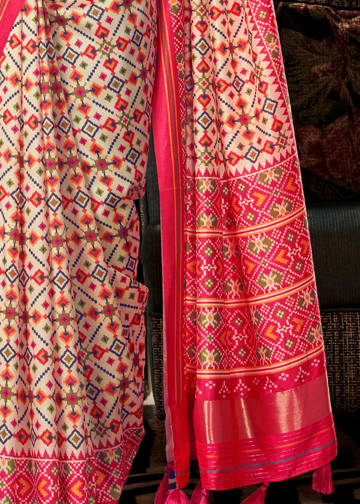 Light Pink & Off White Tussar Silk Saree With Beautiful Patola Print