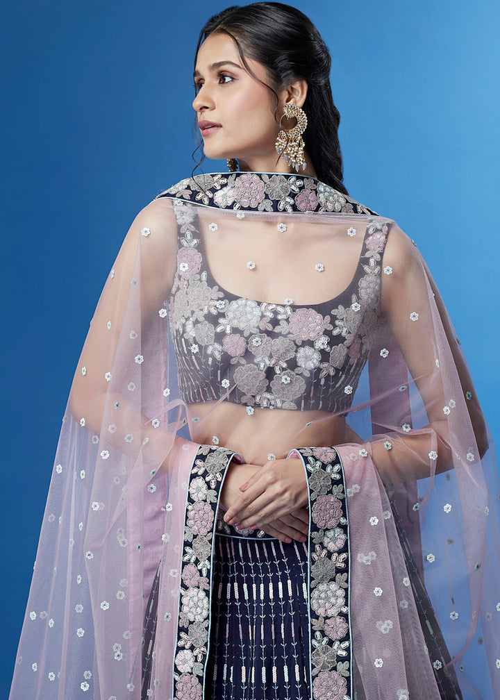 Navy Blue Georgette Multi Sequins Lehenga Choli