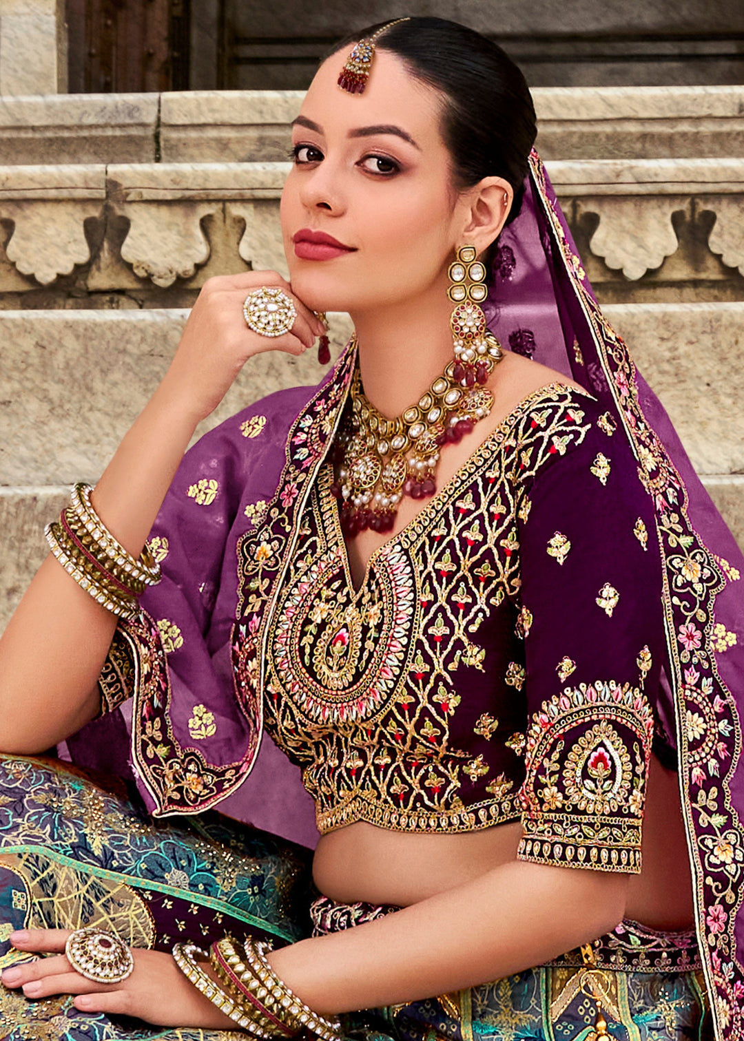 Mauve Purple & Blue Banarasi Silk Lehenga Choli with Zarkan, Sequence and Thread Work