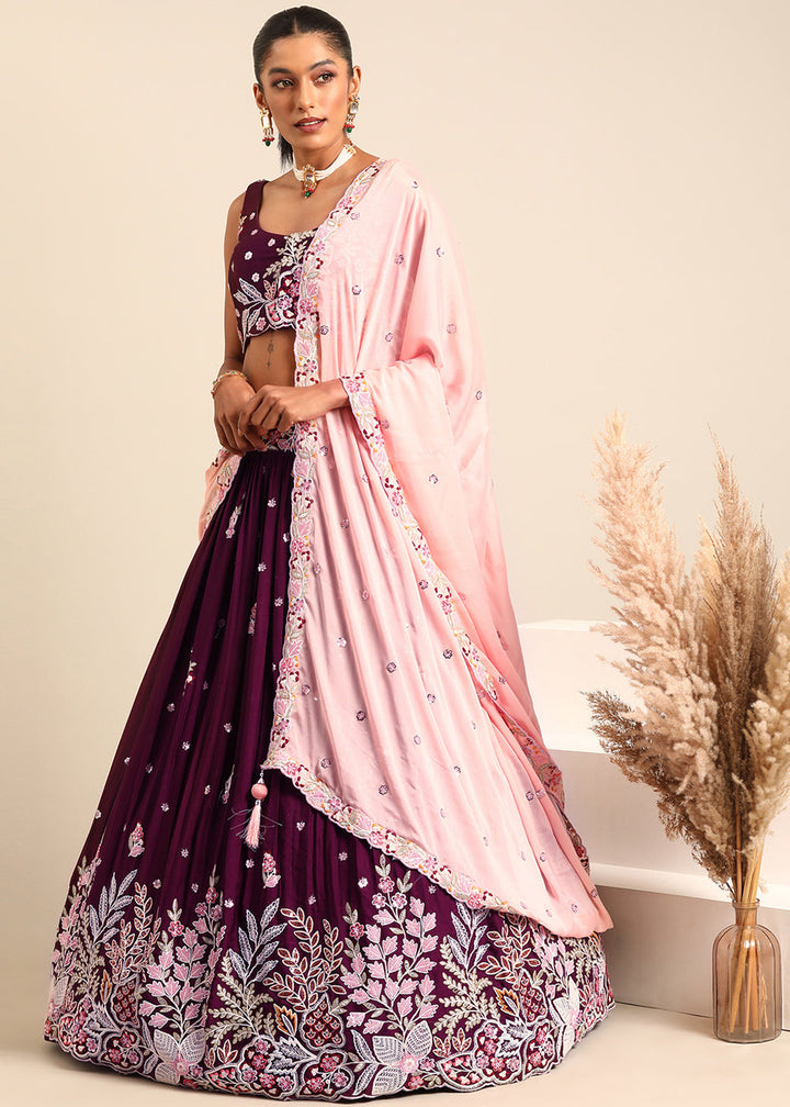 Jam Purple Georgette Lehenga Choli with Sequins & Thread Embroidery work