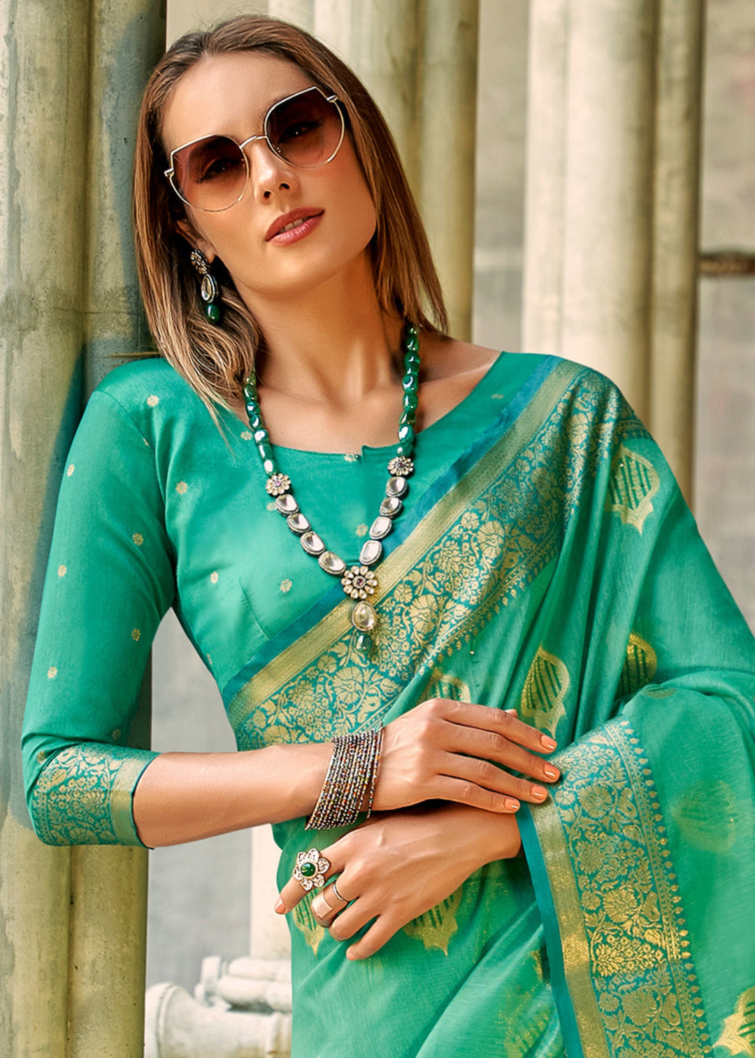 Persian Green Soft Tissue Silk Saree With Contrast Border