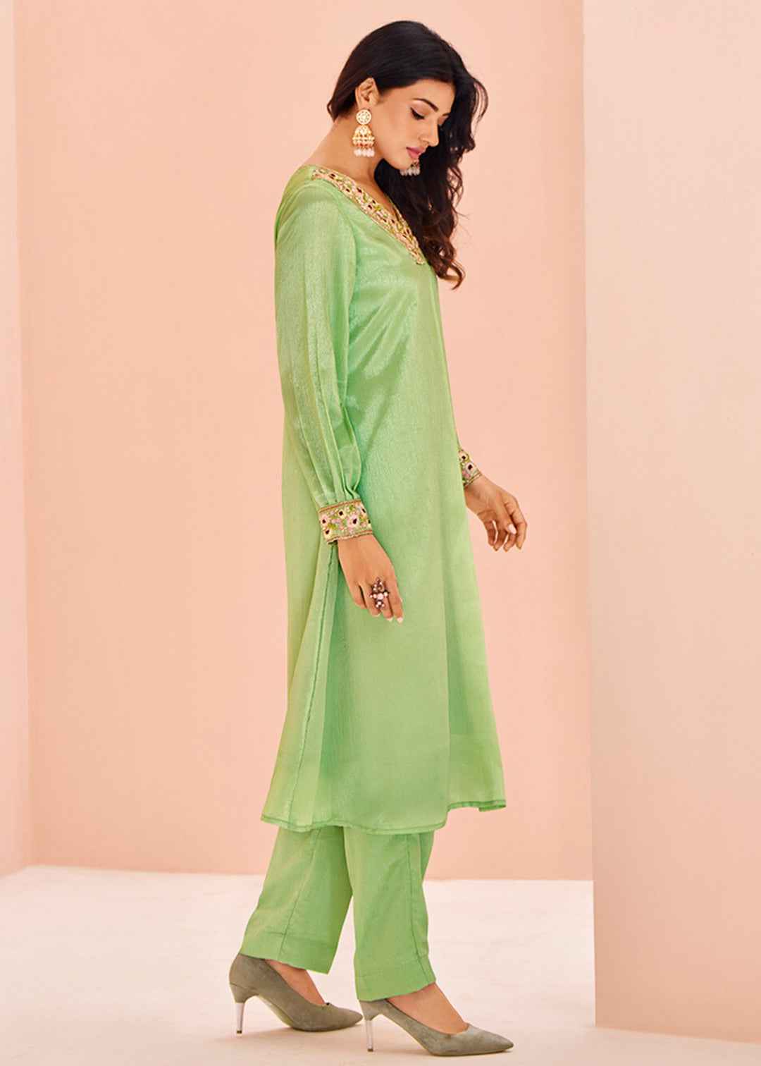 Chinon Green Handwork Kurta with Pant