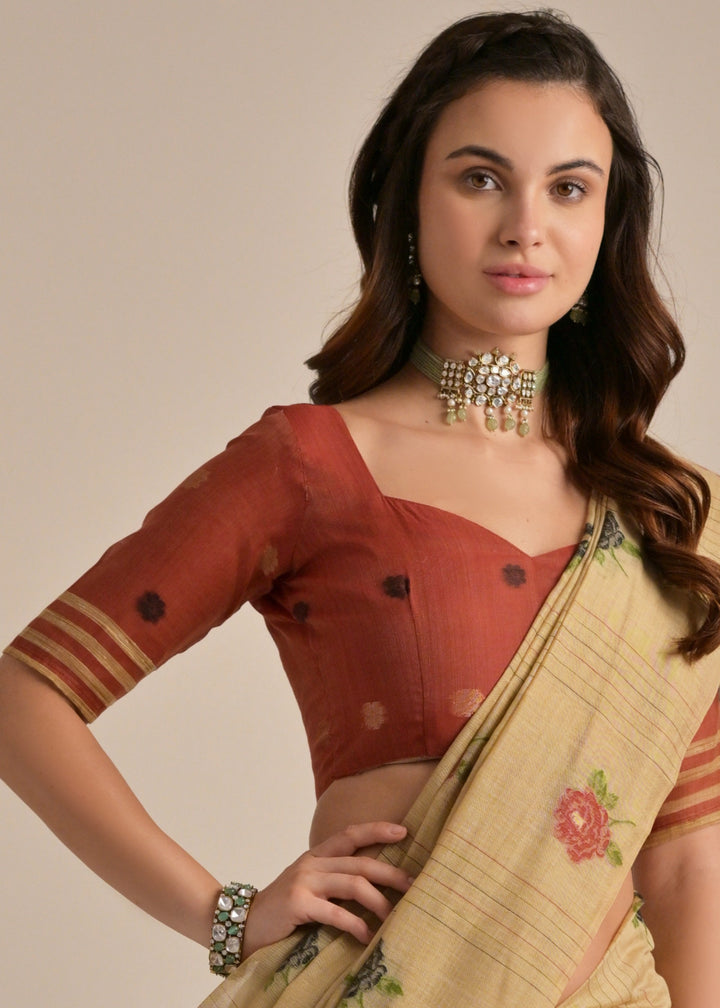 Pale Brown Thread Woven Cotton Saree With Contrast Blouse