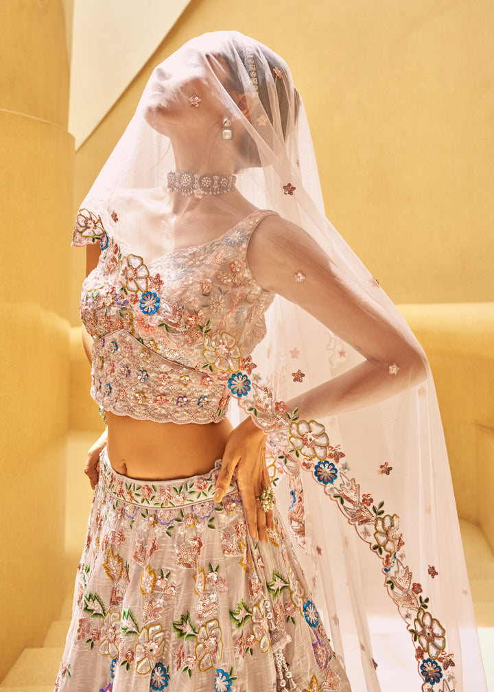 Rose Gold Organza Fabric Sequins Work Lehenga