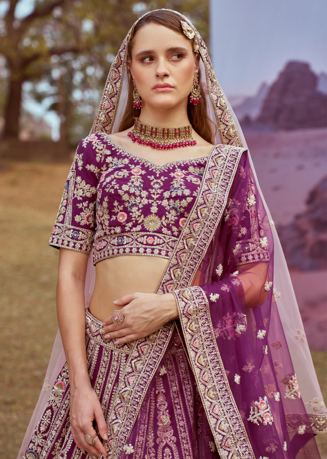 Purple Pure Silk Moti Coding Embroidery Bridal Lehenga