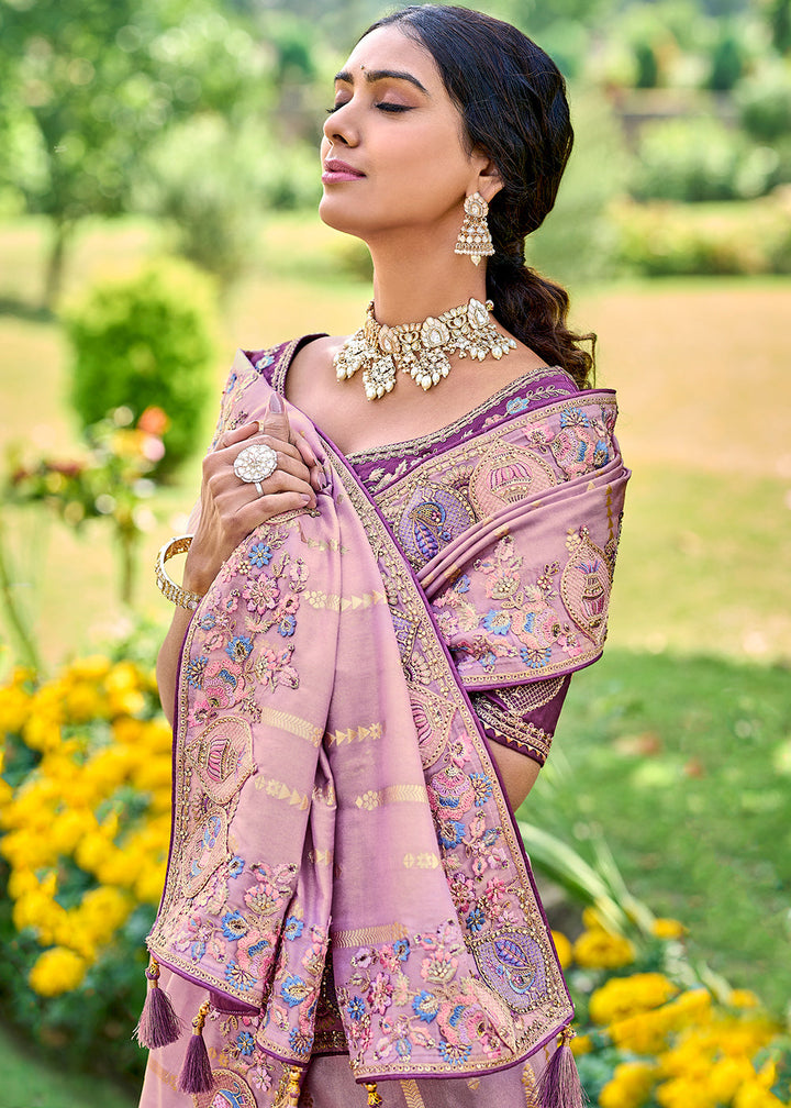 Helio Purple Tissue Silk Saree with Stone & Embroidery cut Work Border