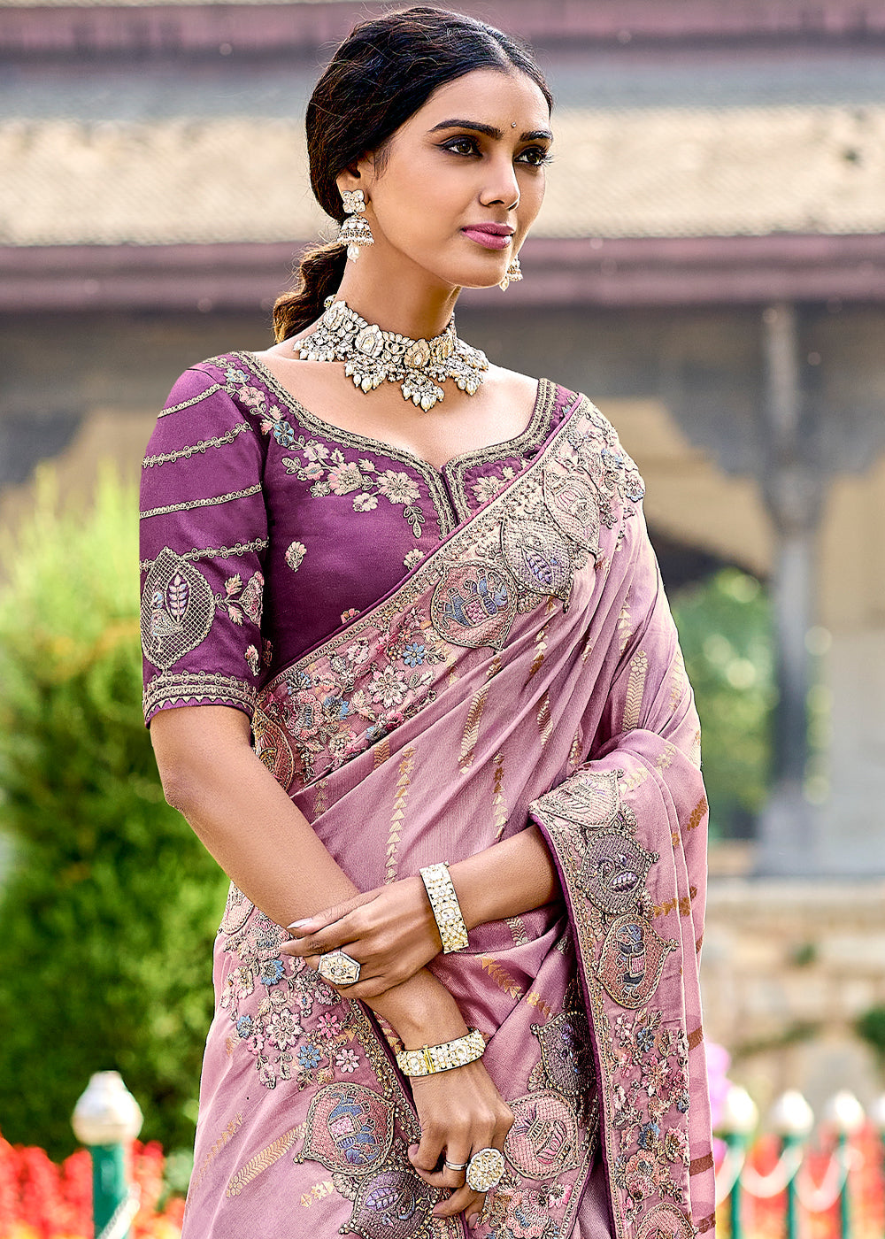 Helio Purple Tissue Silk Saree with Stone & Embroidery cut Work Border