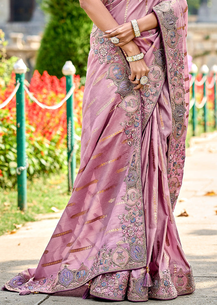 Helio Purple Tissue Silk Saree with Stone & Embroidery cut Work Border