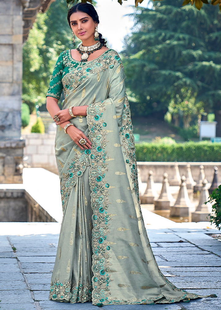 Silver Grey Tissue Silk Saree with Stone & Embroidery cut Work Border