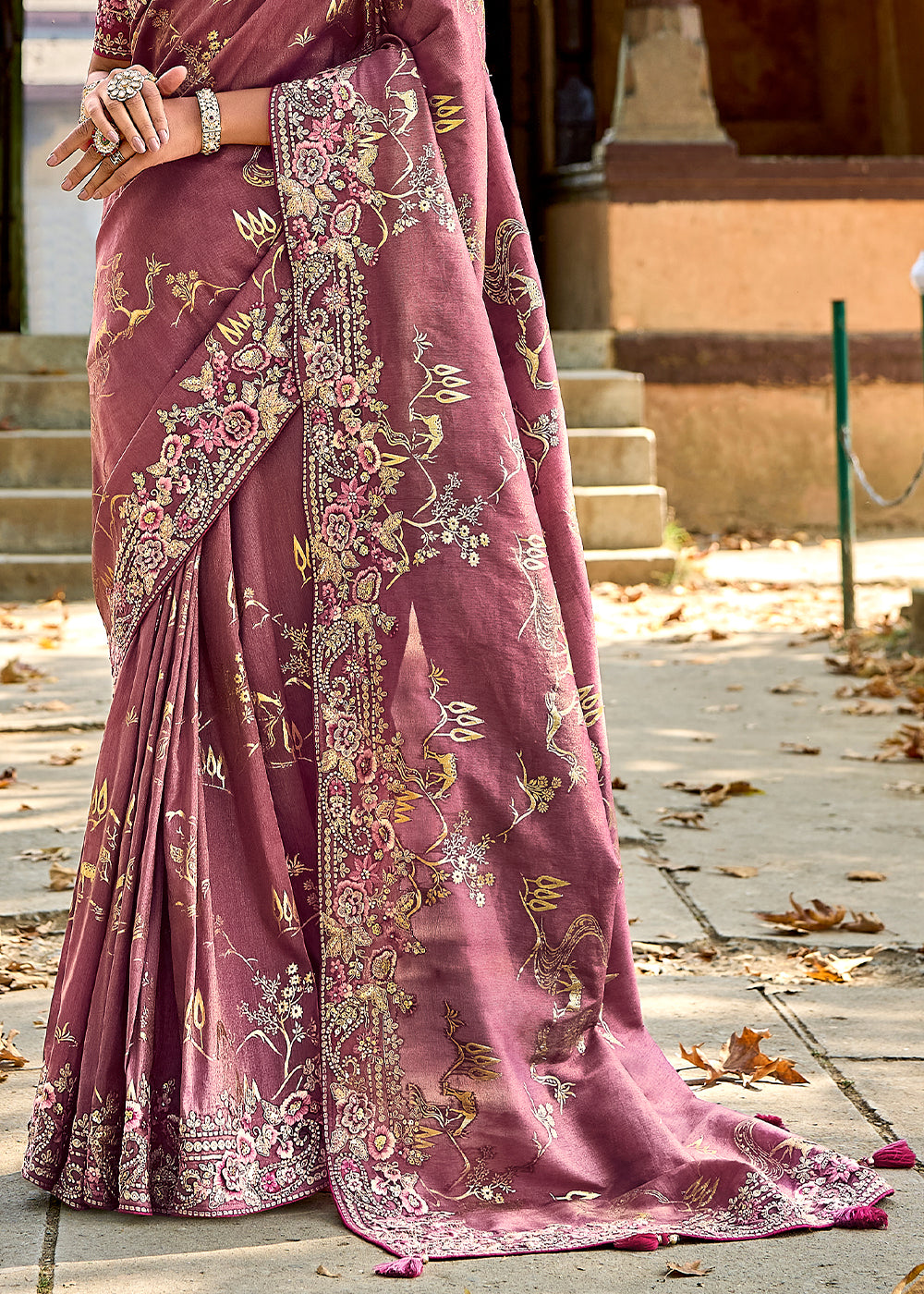 Mulberry Pink Tissue Silk Saree with Stone & Embroidery cut Work Border