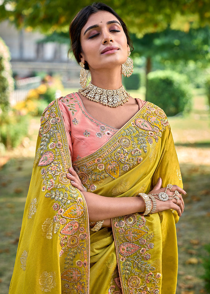 Dark Titanium Yellow Tissue Silk Saree with Stone & Embroidery cut Work Border