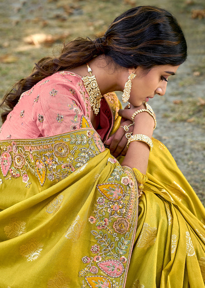 Dark Titanium Yellow Tissue Silk Saree with Stone & Embroidery cut Work Border