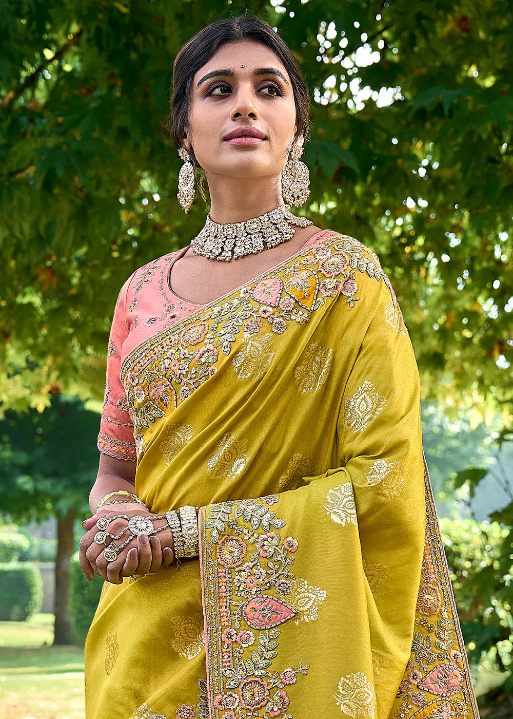 Dark Titanium Yellow Tissue Silk Saree with Stone & Embroidery cut Work Border