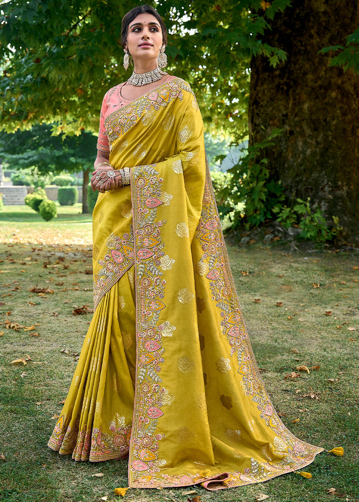 Dark Titanium Yellow Tissue Silk Saree with Stone & Embroidery cut Work Border