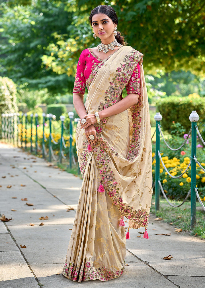 Cream White Tissue Silk Saree with Stone & Embroidery cut Work Border(Pre-Order)