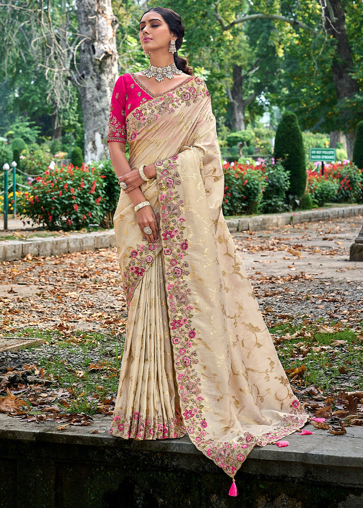 Cream White Tissue Silk Saree with Stone & Embroidery cut Work Border(Pre-Order)