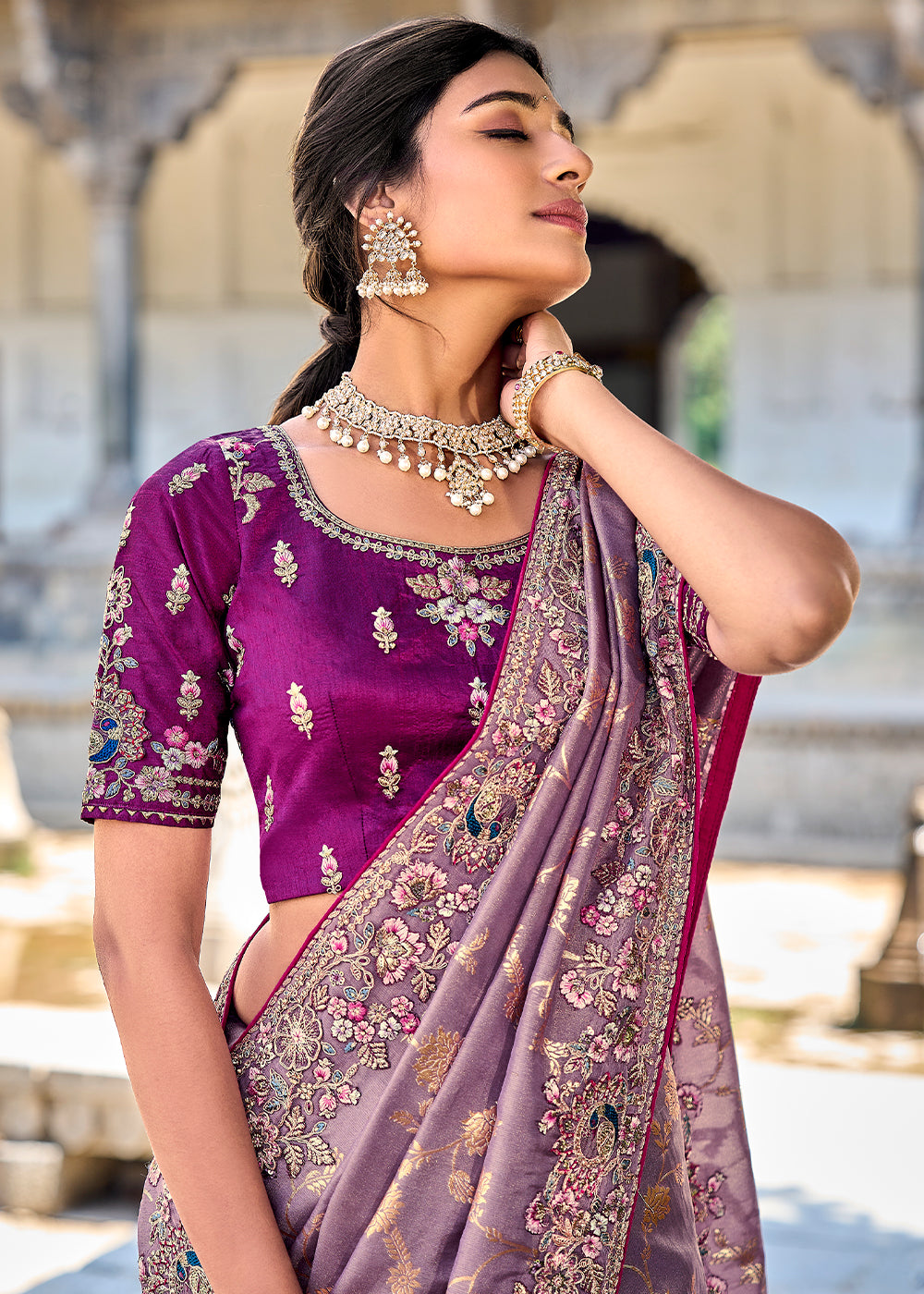 Iris Purple Tissue Silk Saree with Stone & Embroidery cut Work Border(Pre-Order)