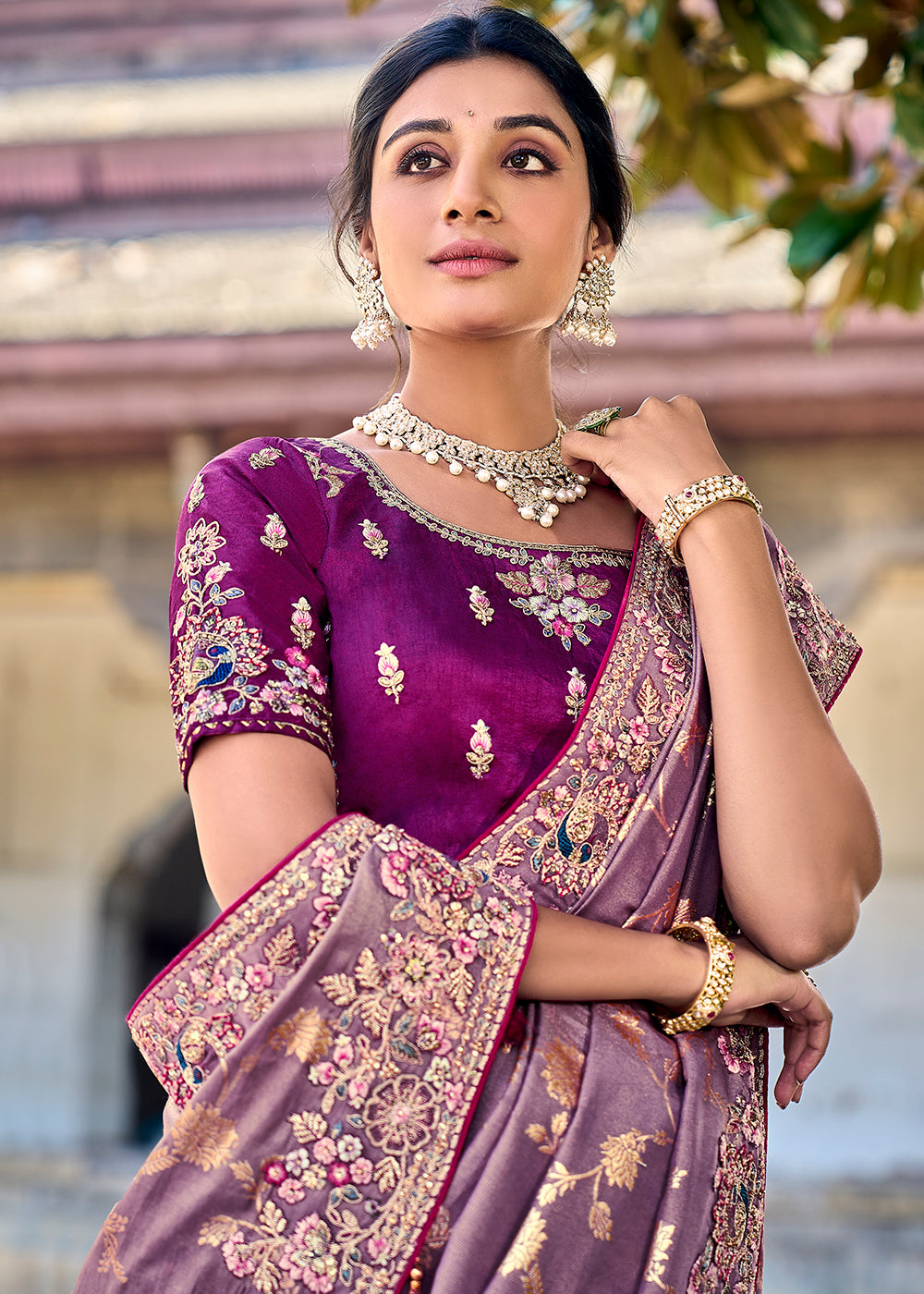 Iris Purple Tissue Silk Saree with Stone & Embroidery cut Work Border(Pre-Order)