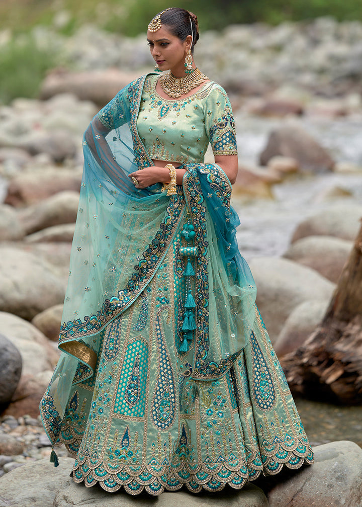 Shades Of Blue Banarasi Silk Lehenga Choli With Heavy Embroidered Hand work: (Pre-Order)