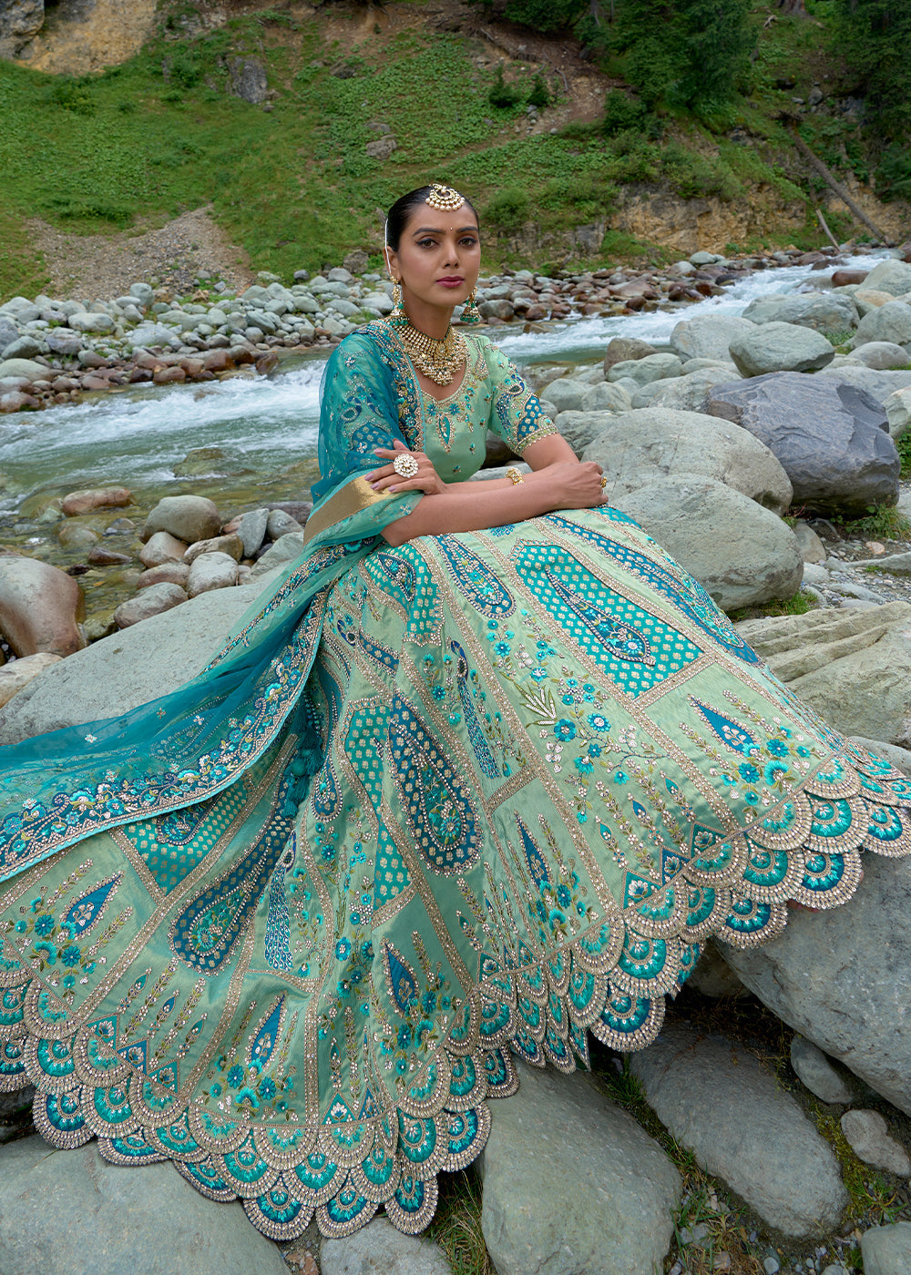 Shades Of Blue Banarasi Silk Lehenga Choli With Heavy Embroidered Hand work: (Pre-Order)