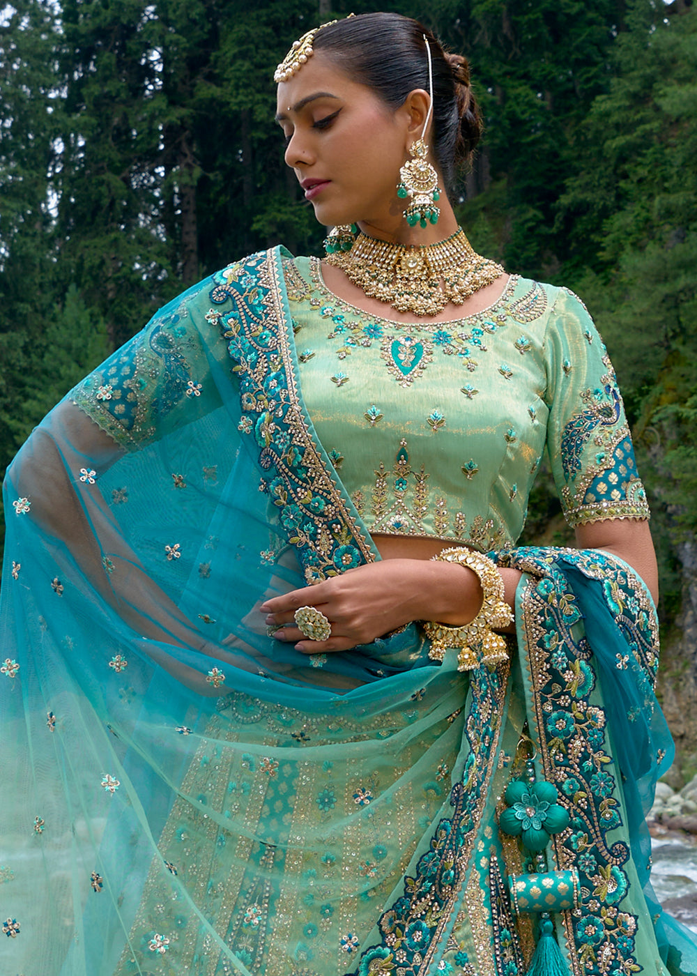 Shades Of Blue Banarasi Silk Lehenga Choli With Heavy Embroidered Hand work: (Pre-Order)