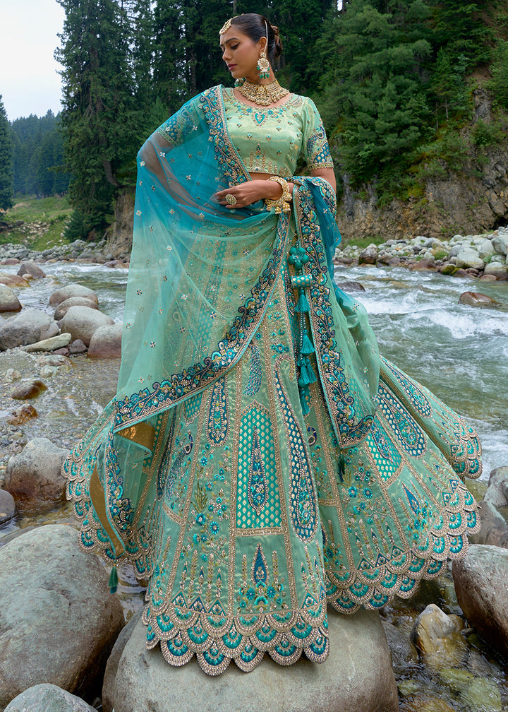 Shades Of Blue Banarasi Silk Lehenga Choli With Heavy Embroidered Hand work: (Pre-Order)