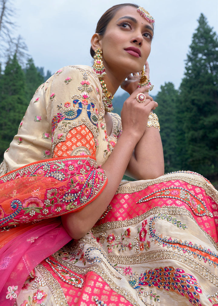 Pink & Light Brown Banarasi Silk Lehenga Choli With Heavy Embroidered Hand work: Wedding Edition