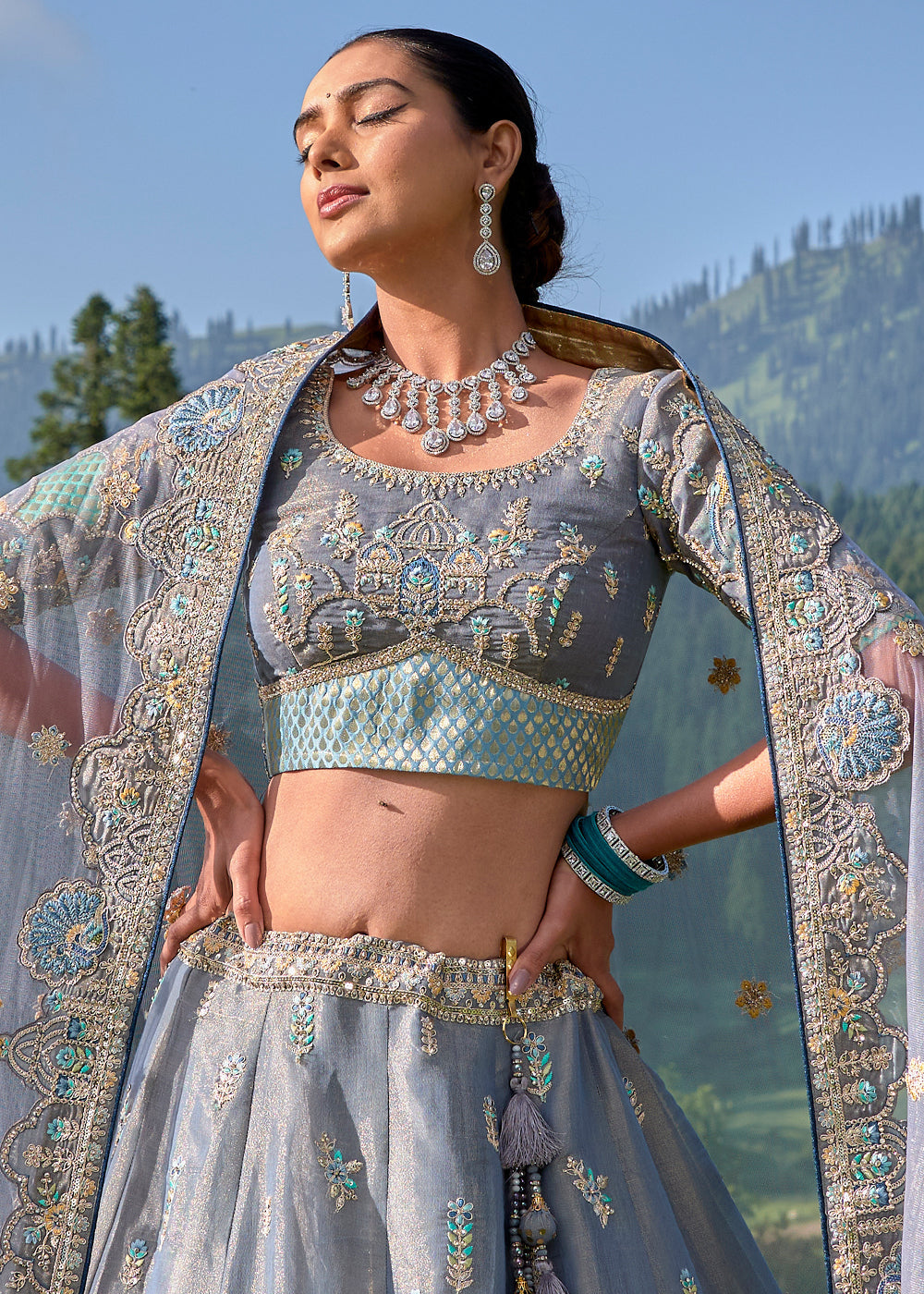 Elegant Grey Tissue Silk Lehenga Choli With Heavy Embroidered Hand work: Wedding Edition