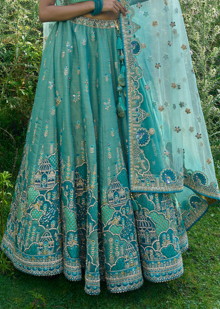 Shades Of Blue & Green Tissue Silk Lehenga Choli With Heavy Embroidered Hand work: Wedding Edition