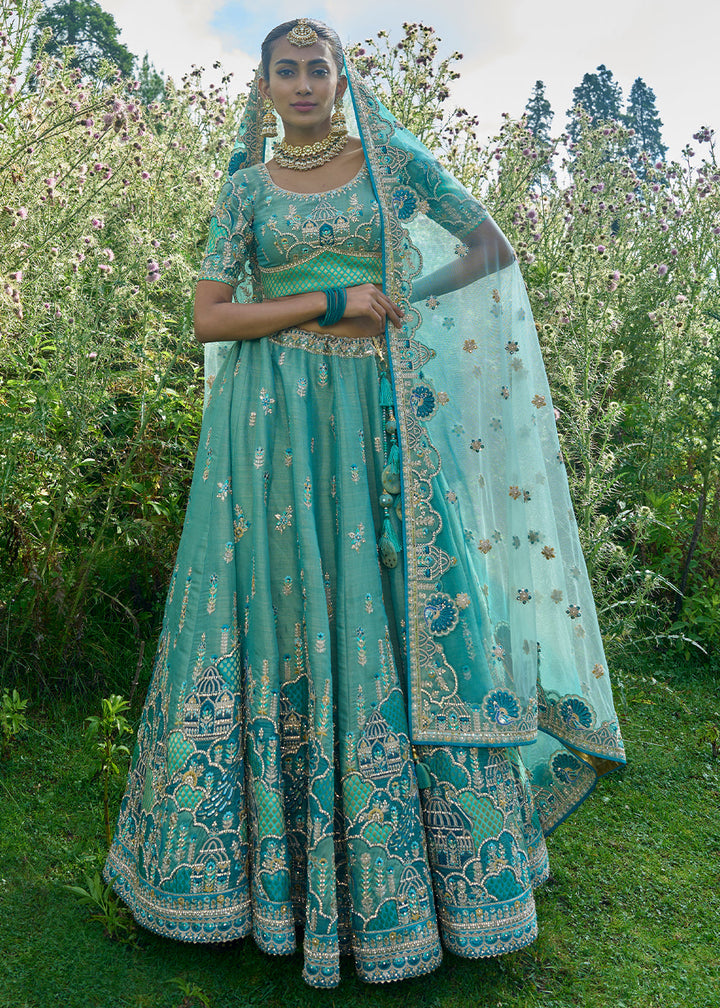 Shades Of Blue & Green Tissue Silk Lehenga Choli With Heavy Embroidered Hand work: Wedding Edition