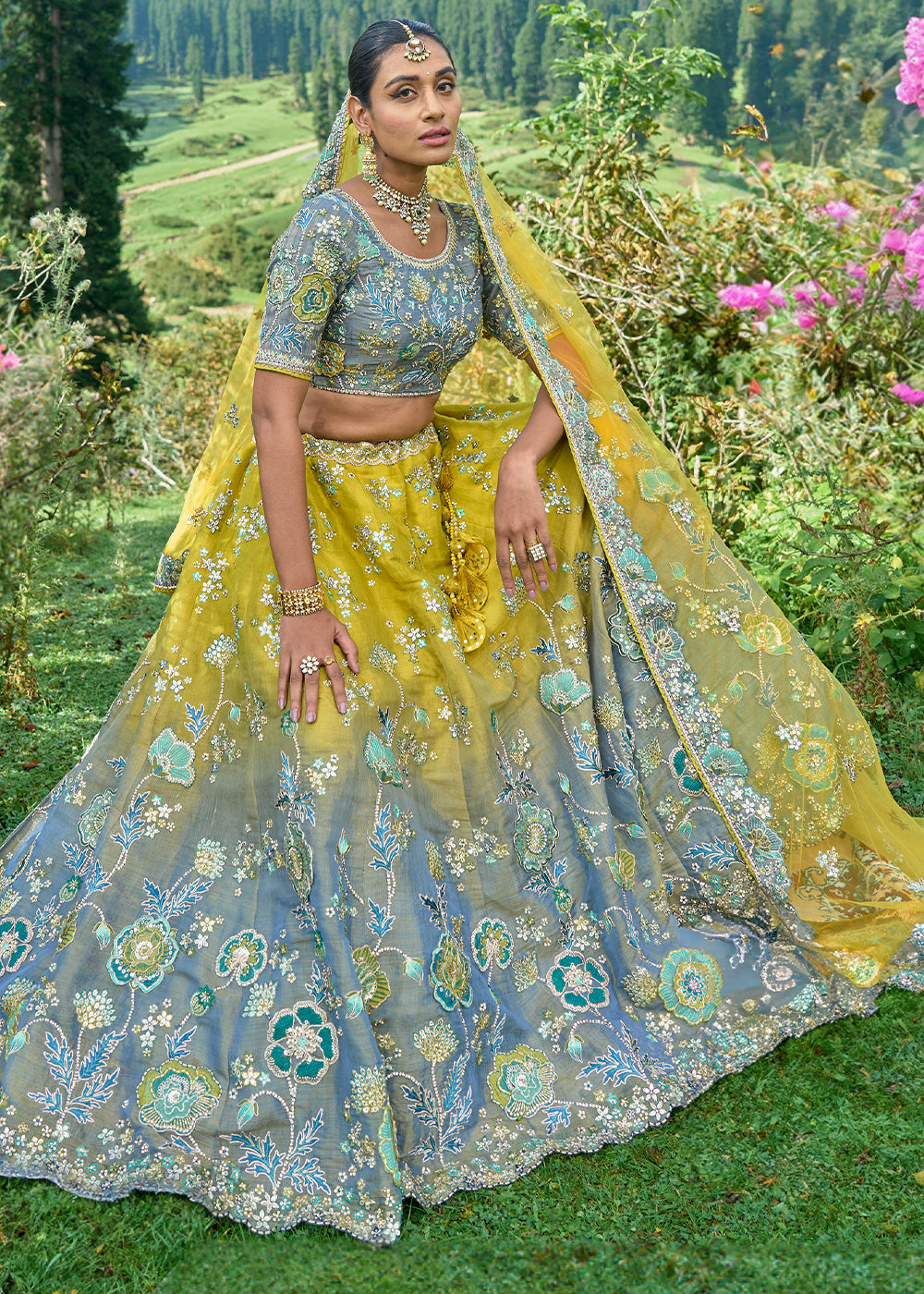 Yellow & Grey Tissue Silk Lehenga Choli With Heavy Embroidered Hand work: Wedding Edition