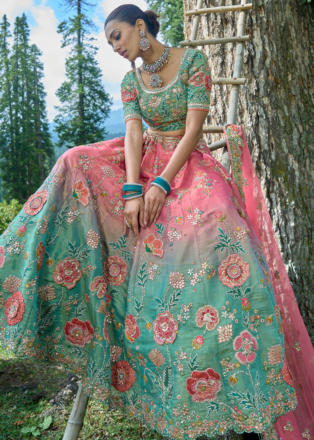 Pink & Green Tissue Silk Lehenga Choli With Heavy Embroidered Hand work: Wedding Edition