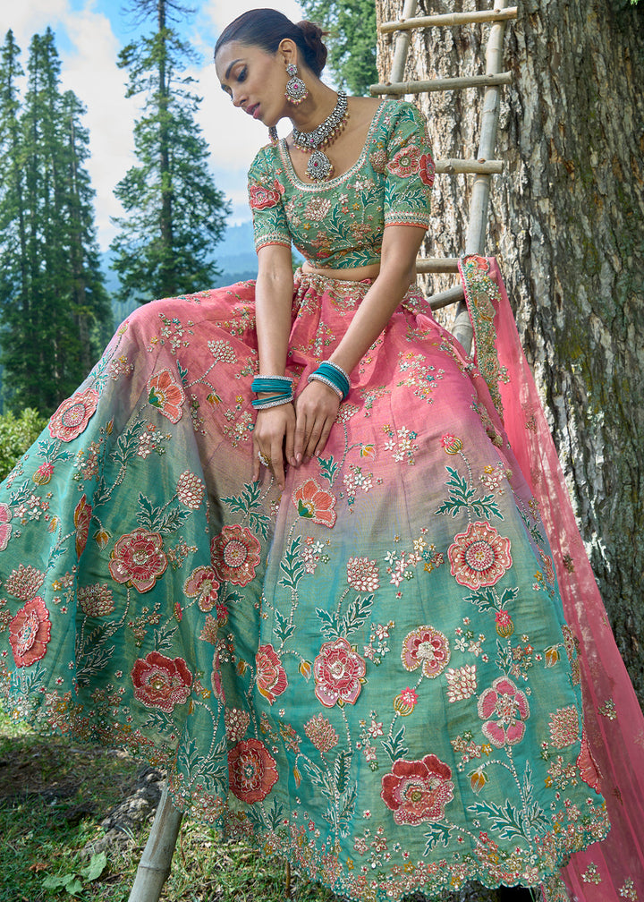 Pink & Green Tissue Silk Lehenga Choli With Heavy Embroidered Hand work: Wedding Edition