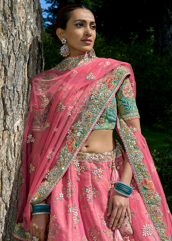 Pink & Green Tissue Silk Lehenga Choli With Heavy Embroidered Hand work: Wedding Edition