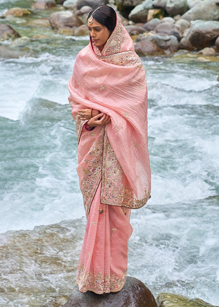 Peach Pink Crackle Crush Silk Saree with Intricate Embroidery work(Pre-Order)