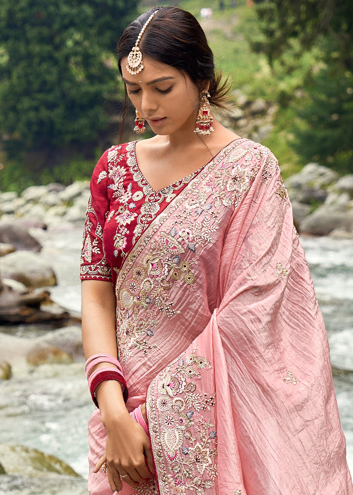 Peach Pink Crackle Crush Silk Saree with Intricate Embroidery work(Pre-Order)