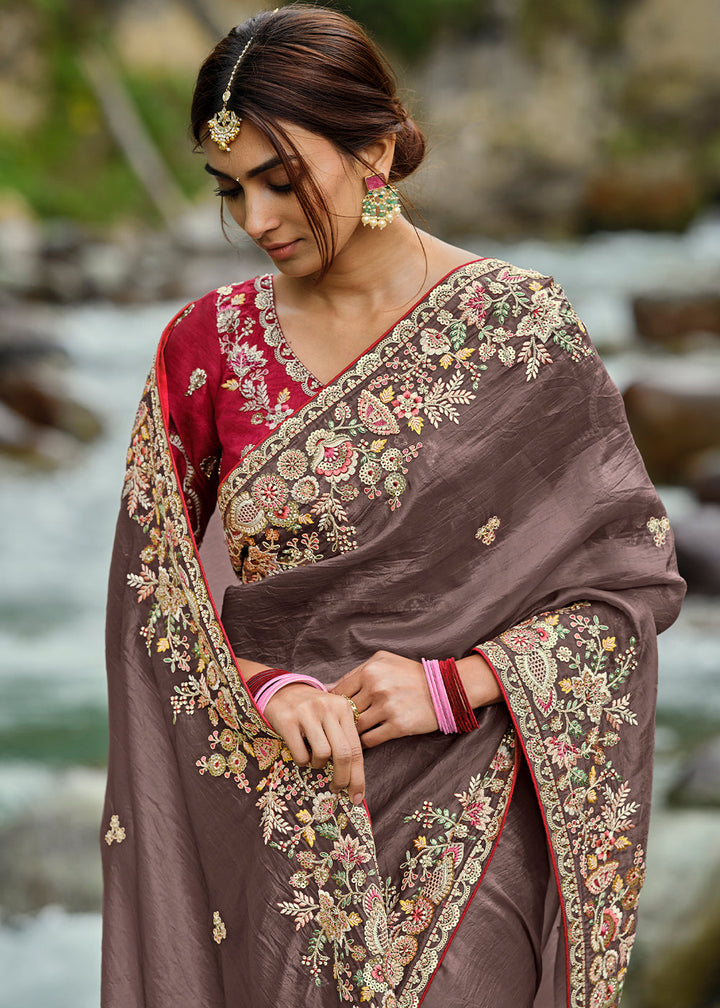 Cedar Brown Crackle Crush Silk Saree with Intricate Embroidery work(Pre-Order)