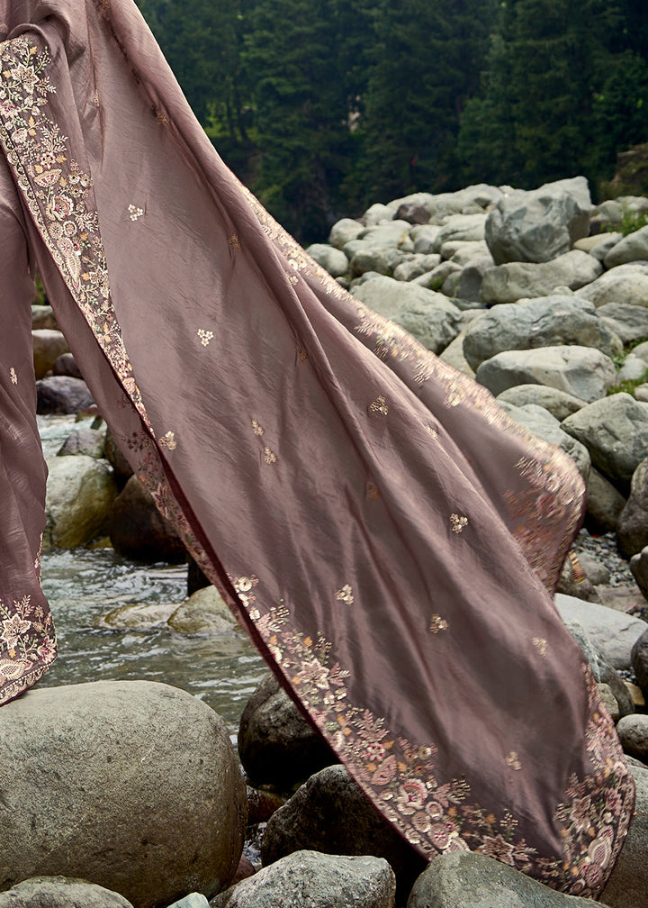 Cedar Brown Crackle Crush Silk Saree with Intricate Embroidery work(Pre-Order)