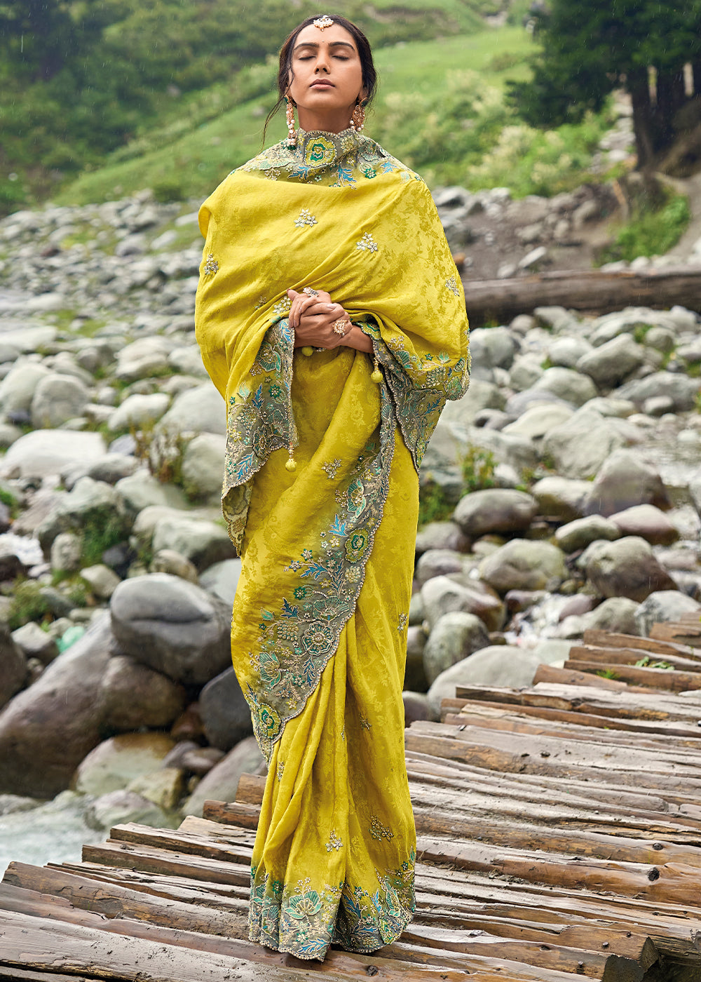 Titanium Yellow Viscose Silk Saree with Intricate Embroidery work