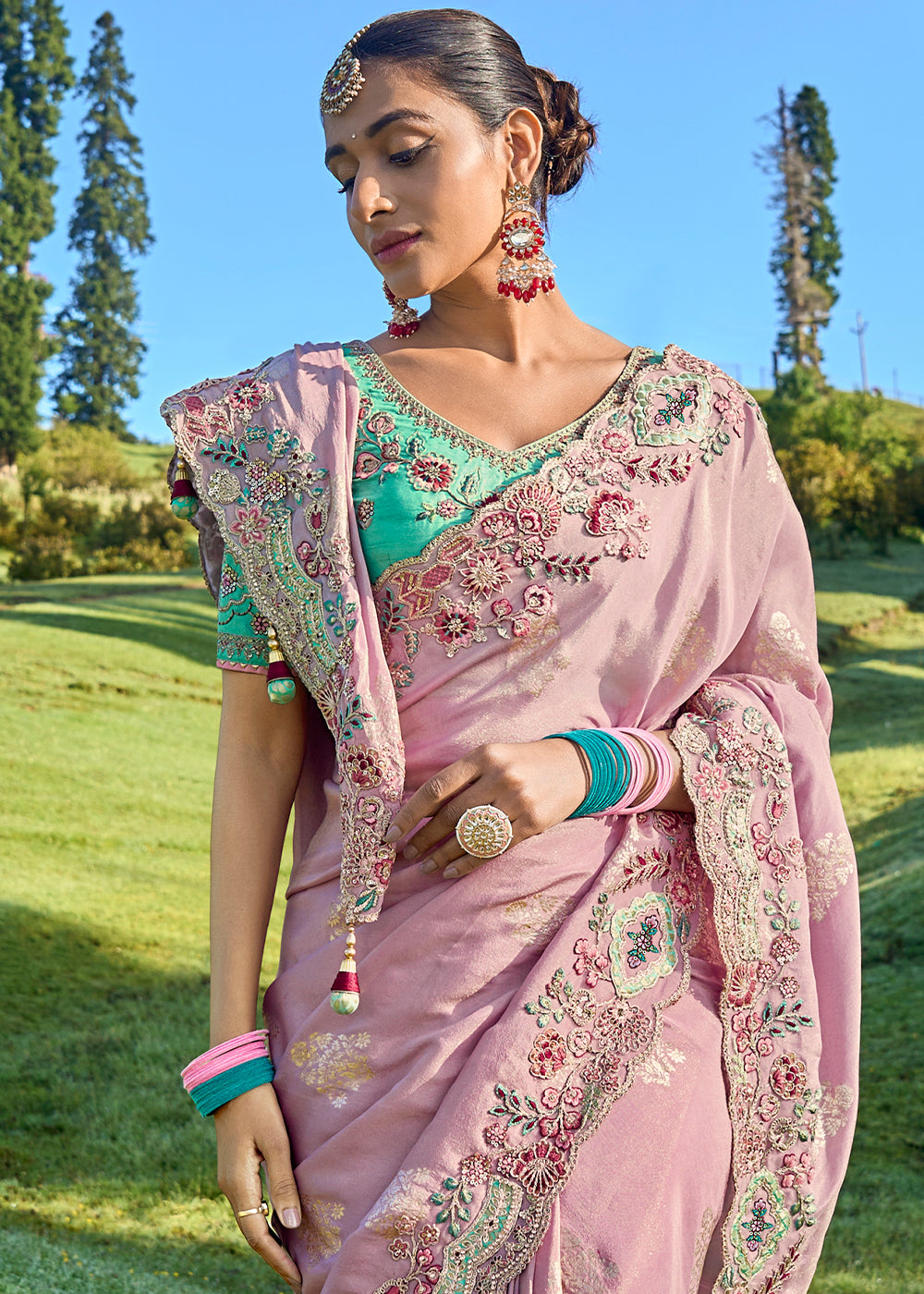 Beautiful Pink Viscose Silk Saree with Intricate Embroidery work