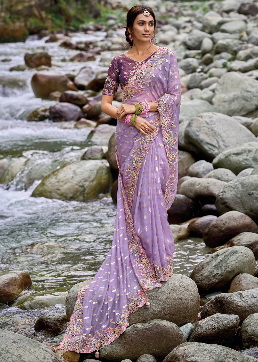 Floral Purple Organza Silk Saree with Intricate Embroidery work