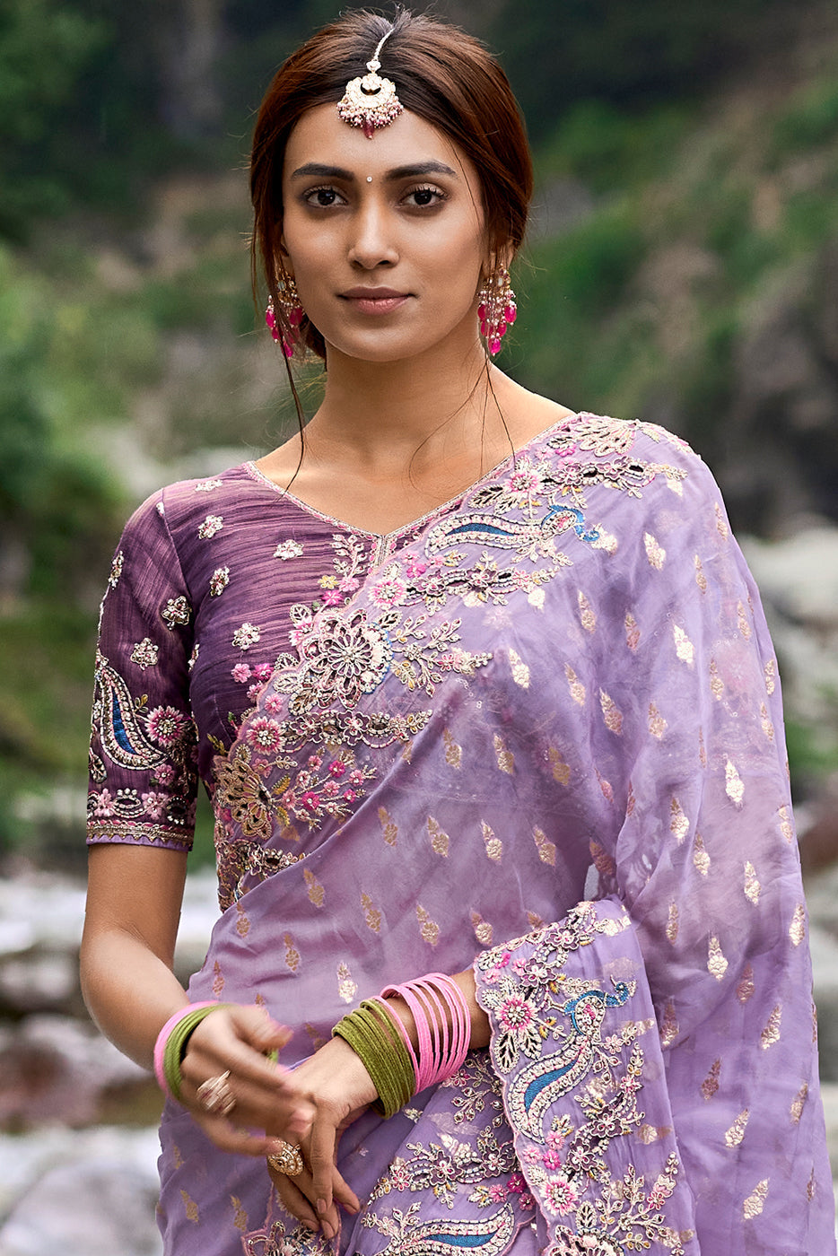 Floral Purple Organza Silk Saree with Intricate Embroidery work