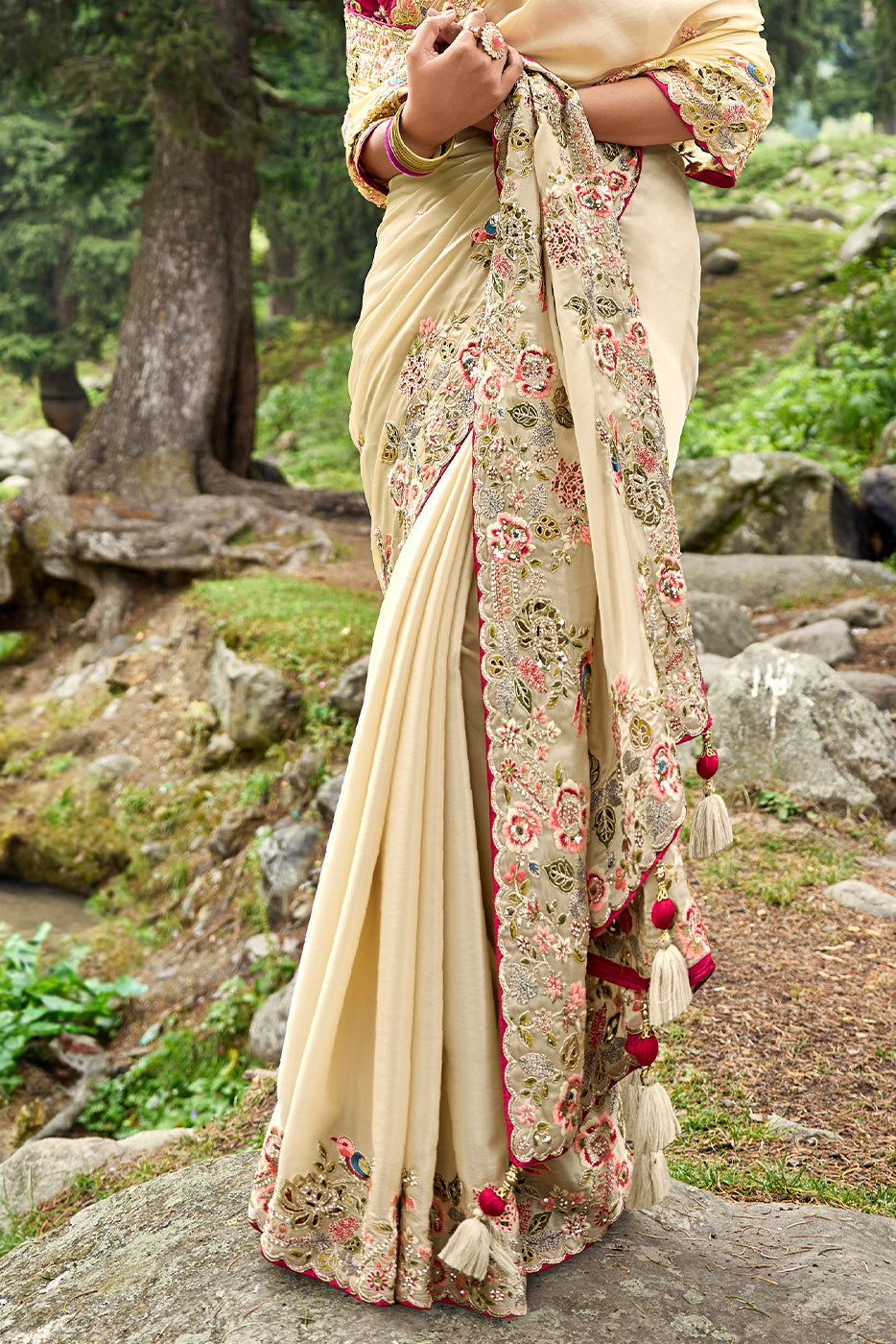 Cream White Satin Organza Silk Saree with Intricate Embroidery work(Pre-Order)