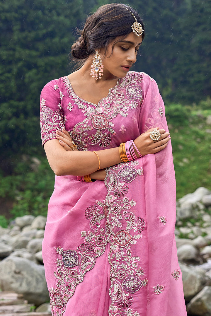 Fuschia Pink Organza Silk Saree with Intricate Embroidery work