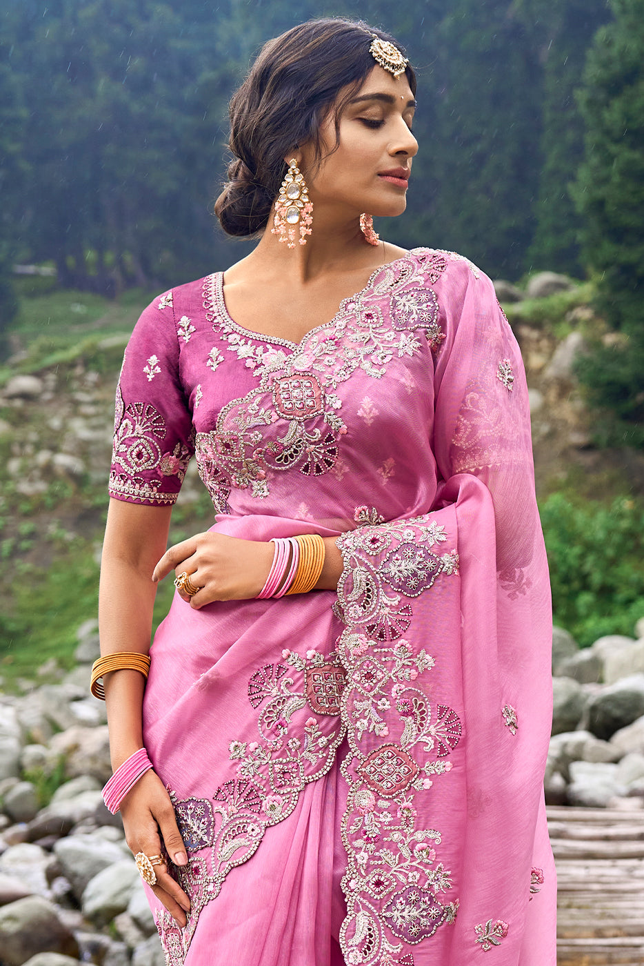 Fuschia Pink Organza Silk Saree with Intricate Embroidery work