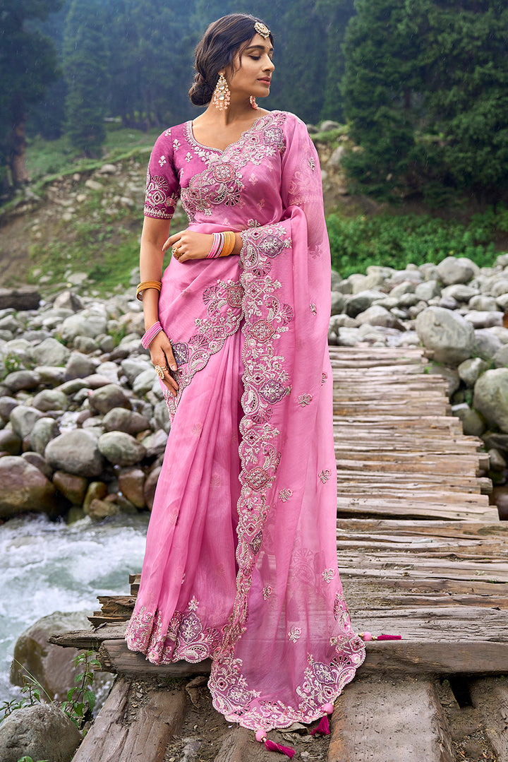 Fuschia Pink Organza Silk Saree with Intricate Embroidery work