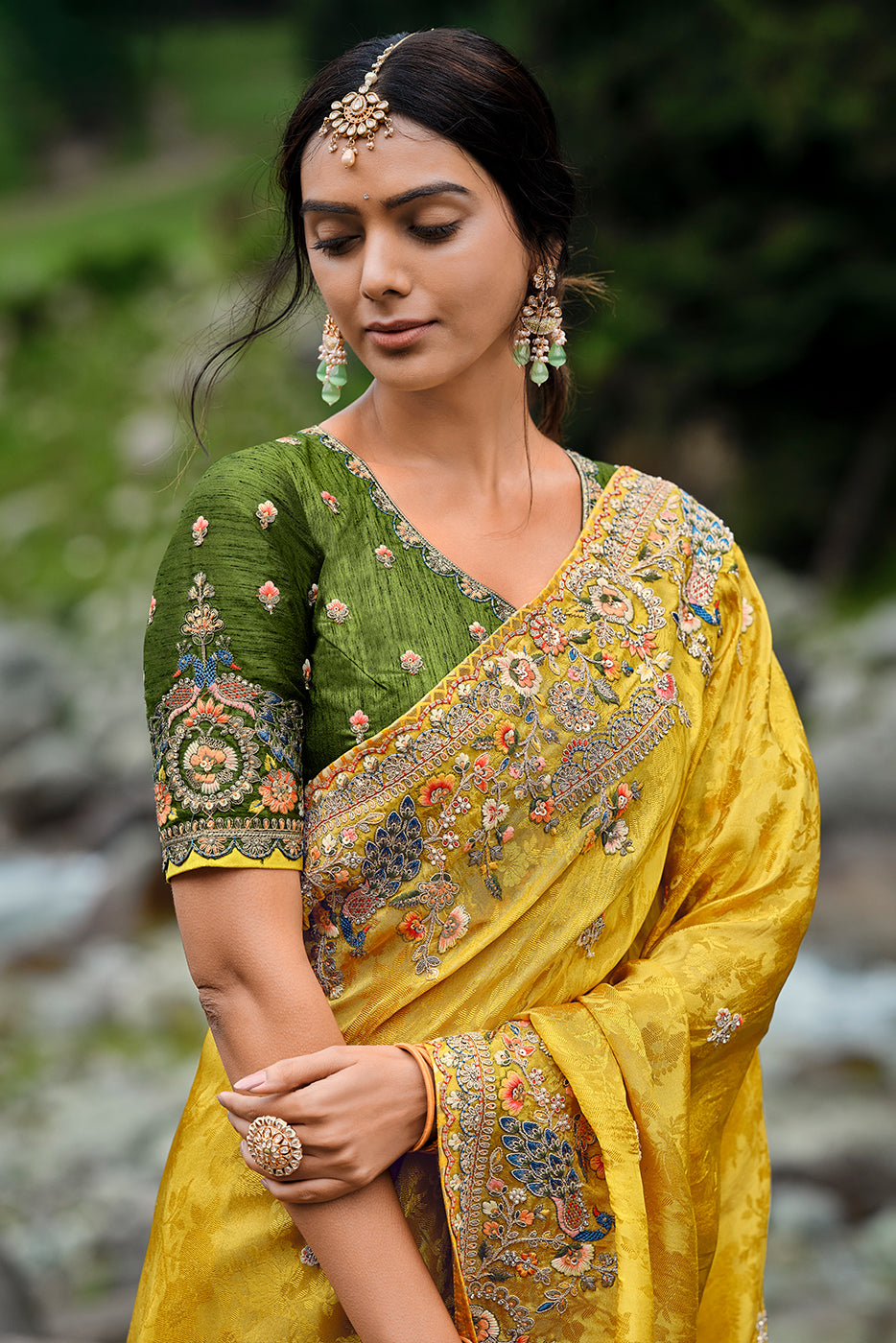 Saffron Yellow Viscose Silk Saree with Intricate Embroidery work