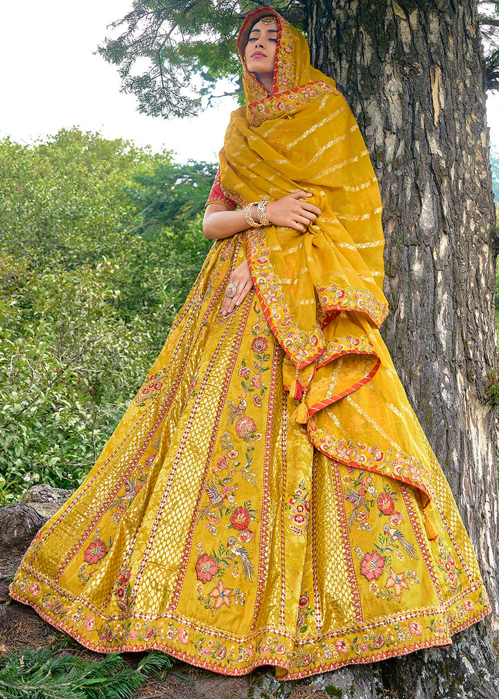 Canary Yellow Dola Silk lehenga with Stone,Thread,Resham & Heavy Embroidery work