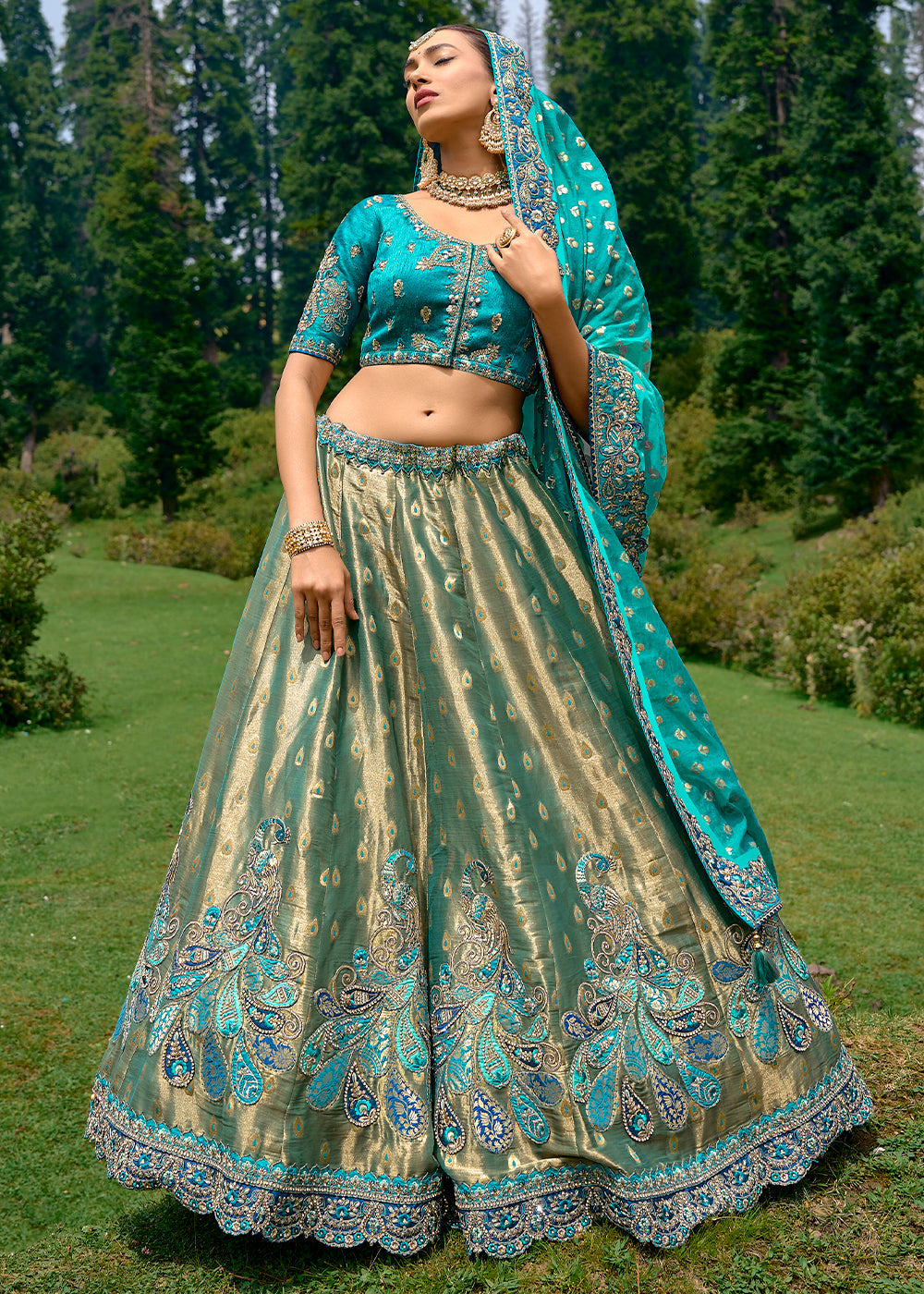 Opulent Gold & Blue Dola Silk lehenga with Stone,Thread,Resham & Heavy Embroidery work