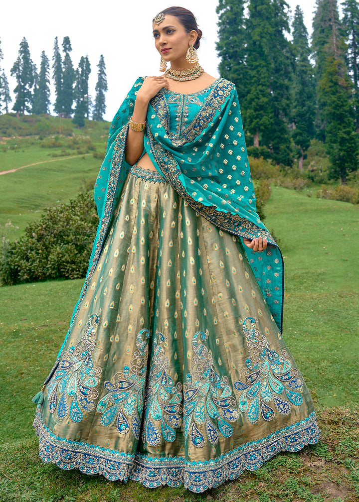 Opulent Gold & Blue Dola Silk lehenga with Stone,Thread,Resham & Heavy Embroidery work